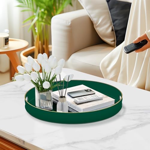 MAONAME 13" Dark Green Decorative Tray, Round Serving Tray with Handles