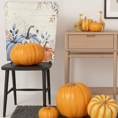 Fall Chair Covers Set of 6 Blue Pumpkin Chair Slipcover Protector Removable Stretch Chair Covers Floral Eucalyptus Leaf Thanksgiving Chair Back Covers for Dining Chairs Kitchen Holiday Party Decor