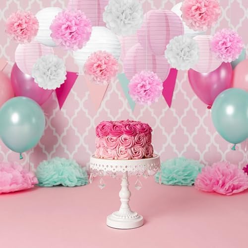 18 PCS Pink White Paper Lanterns & Tissue Paper Pom Poms for Girls Birthday, Baby Shower, Wedding, Bridal Shower, Hanging Paper Decor, Party Decoration Set for Indoor Outdoor Events Party Supplies