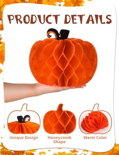12 Pcs Fall Pumpkin Honeycomb Paper Decorations, Thanksgiving Pumpkins Table Centerpieces Hanging Pumpkin Honeycomb Tissue Balls for Halloween Thanksgiving Harvest Party Decor
