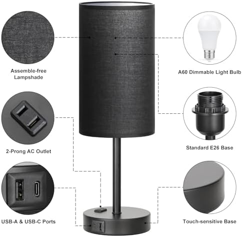 Fenmzee 17.4" Black Lamp for Bedroom - Dimmable Touch, USB A+C, AC Outlet