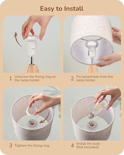EDISHINE Small Table Lamp, Boho Bedside Lamp, Linen Fabric Shade, 14.2 Inch