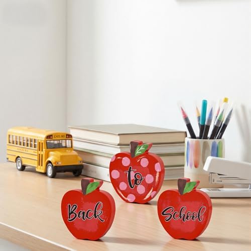 Smile Back to School Wooden Tabletop Decor - Red Apple "Back to School" Desktop Signs - Classroom & Home Office Decorations Gift