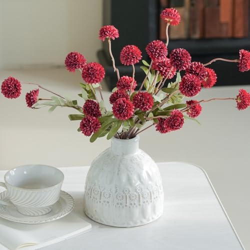 Laelfe Artificial Kiku Flower Wind Red- 5 Pcs Fake Pompon Mums Silk Small Chrysanthemum Faux Ball Fall Flower Stem Decor for Wedding Filler DIY Bouquet Centerpieces Arrangements Shower (Dark Red)