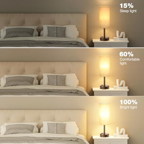 Fenmzee Brown Bedside Lamp for Bedroom, Dimmable Touch, USB A+C, AC Outlet