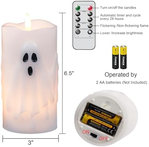 Halloween Ghost Flameless Pillar Candles with Remote Timer, 2PCS