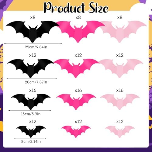 DIYASY 144 Pcs Pink Bats Wall Decor, Halloween 3D Bats Decorations Outside Blush & Black PVC Bat Cutouts Sticky Plastic Pink Decals for Home Indoor Outdoor Window Door Party Supplies