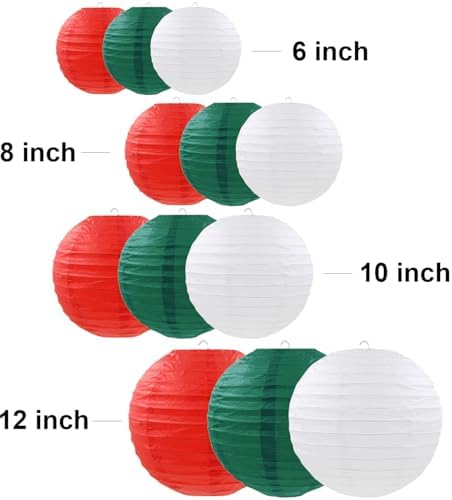 12 Pcs Christmas Paper Lanterns Red Green White Hanging Paper Lanterns for Christmas Graduation Anniversary Wedding Birthday Party Decoration Supplies