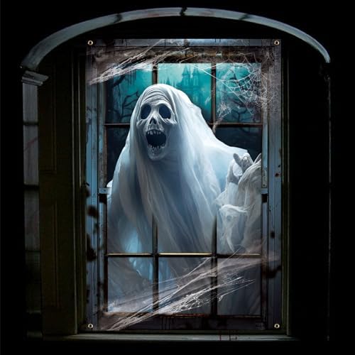 CCINEE Halloween Scary Window Decorations, Large Spooky Ghost Haunted House Window Decor with Rope for Indoor Outdoor Halloween Supplies