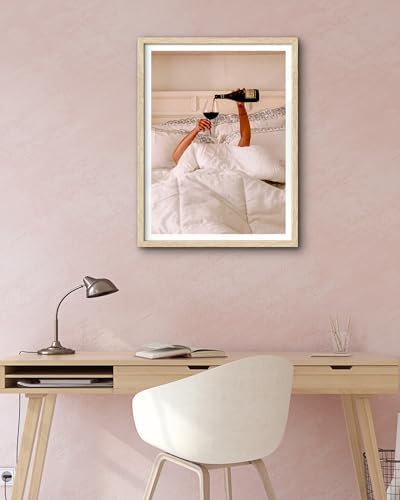 EcoHest 16x20 in Woman Drinking Wine in Bed Framed Wall Art for Bedroom