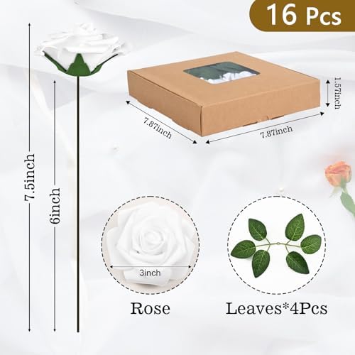 BLEUM CADE 16Pcs Artificial Flowers Fake Foam Roses with Stems for Wedding