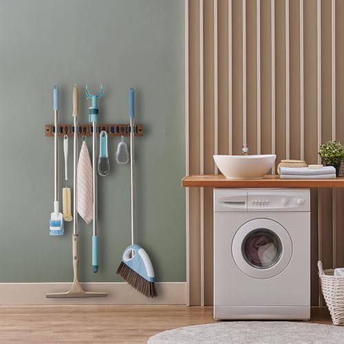 OUTNILI Mop and Broom Holder Wall Mount - Wood Broom Mop Hanger - Wall Mounted Garden Tool Rack Organizer for Closet
