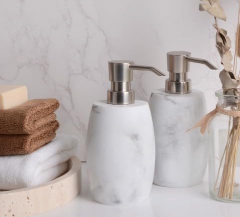Clasin Home Resin Soap Dispenser Set 2, Refillable Hand Soap Dispenser with White Marble Look and Metallic Pump