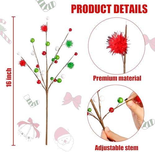 Sggvecsy 6Pcs Artificial Berry Stems 16inch Christmas Tree Picks Red Green White Berry Picks Fake Christmas Berry Branches for Floral Arrangements Christmas Tree Holiday Home Xmas DIY Crafts Decor