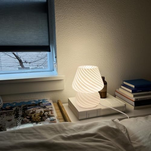 ONEWISH Mushroom Lamp-Small Bedside Table Lamp with Striped Glass, Nightstand Lamp for Bedroom, Living Room, 3000K E26