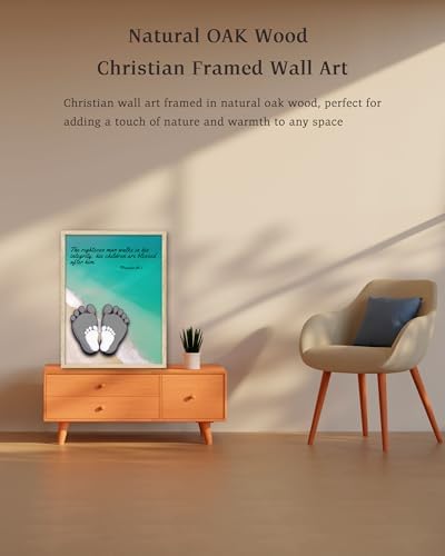 KensTro 12x16 Oak Framed Proverbs 20:7 Footprints Christian Wall Art