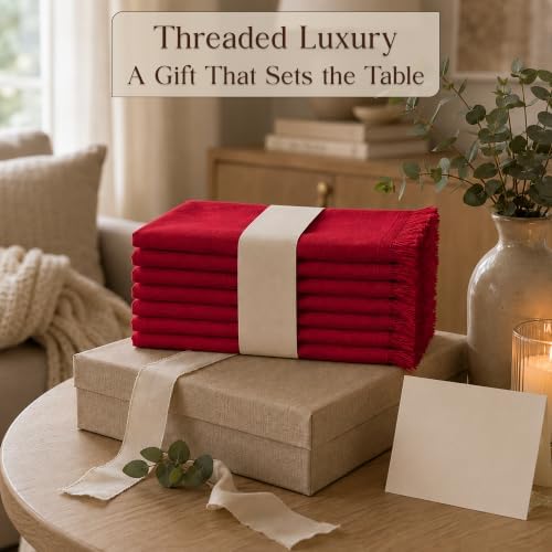 CLOUDLOOM 100% Cotton Fringe Cloth Napkins, Red, Set of 6, 20"x20"