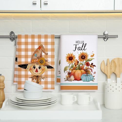Geyoga Set of 6 Fall Kitchen Towels Autumn Dish Towels Scarecrow Hand Towel