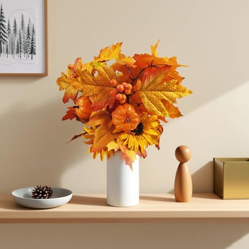 Fall Flowers Artificial for Decoration,16.9 In Fall Floral Stems Picks with Pumpkin Pinecone Sunflower Berry Maple Leaf Stem for Autumn Harvest Thankgiving Home Table Centerpiece Floral Arrangements