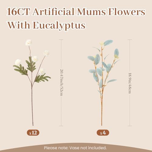 Alupssuc 16Pcs Faux Silk Mums Artificial Flowers with Eucalyptus White