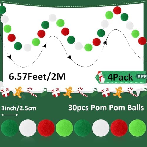 MARFOREVER 4 Pack 26.3 Feet Christmas Pom Pom Garland Ornaments