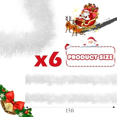 Shappy 90 ft 6 Rolls Christmas Tinsel Garland for Tree, Reflective White