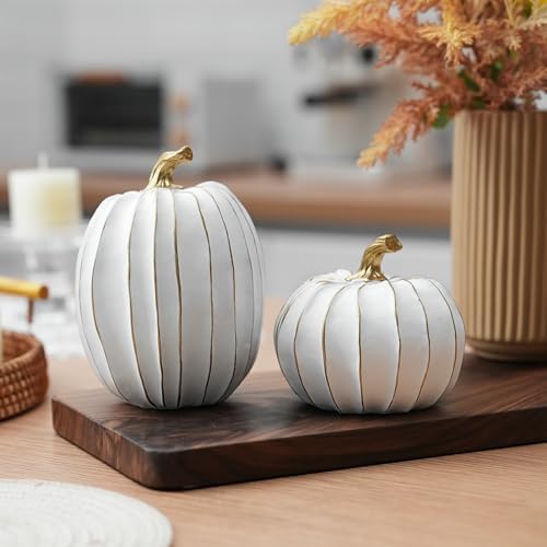 AOMOONOA Fall Pumpkin Decor,White and Gold Thanksgiving Decorative Pumpkin