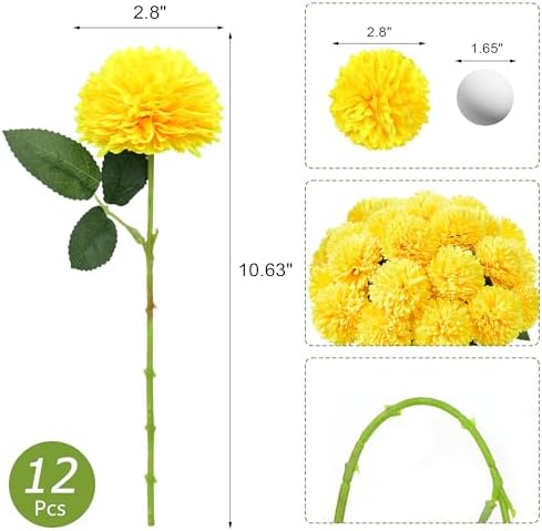 SITUMEIZI 12 Pcs Yellow Artificial Chrysanthemum Flowers, Fake Mums