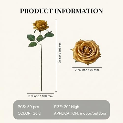 60 Pcs Gold Silk Artificial Roses Flowers Real Looking Silk Faux Roses Bulk Long Stems for Wedding Centerpieces,DIY Floral Arrangements,Home Decor,Anniversary,Valentine's Day