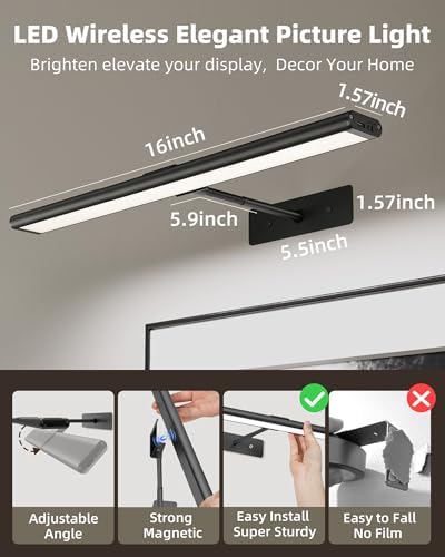 EZVALO Picture Light for Wall, 4800mAh 16'' Rechargeable Wireless IR Remote Built in Battery Lights for Painting