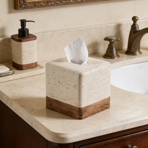 Travertine Match Wooden Square Tissue Box Cover Decorative / Travertine&wooden / Boho / Natural