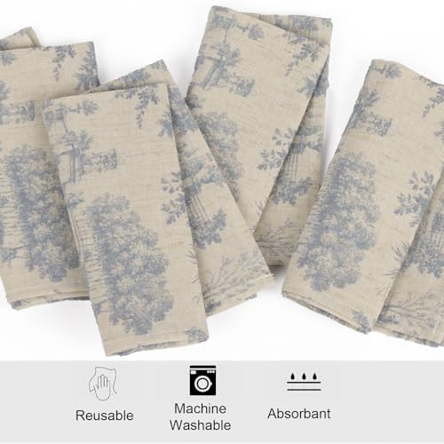 Blue Vintage Cloth Napkins Set of 12 - French Country Toile de Jouy Reusable Napkins 15x15 Inch - Shabby Chic Linen Cotton Dinner Napkins Towels for Everyday Use,Machine Washable Dish Cloth Gift