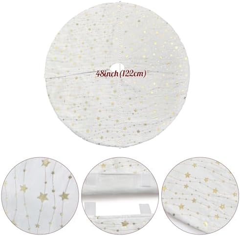 Christmas Tree Skirt Velvet White 48 inch Large Soft Christmas Tree Mat with Gold Star Pattern for Indoor Outdoor Xmas Holiday Party Decoration