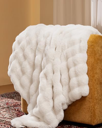 Ultra Soft Cozy Faux Fur Throw Blanket, Fuzzy Plush Thick Bubble Blanket, Luxury Fluffy Blanket for Couch, Sofa