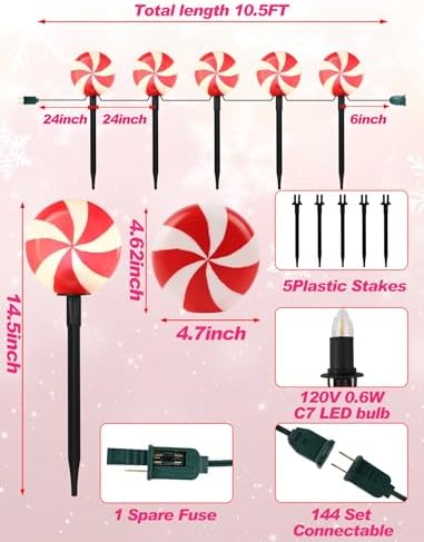10.5FT Christmas Pathway Lights, 5PK LED Candy Cane Yard Stake Lights
