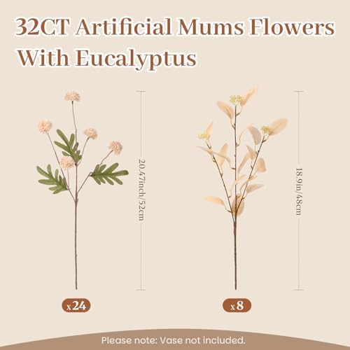 Alupssuc 32 Pcs Beige Faux Silk Mums, Fake Chrysanthemum for Vase