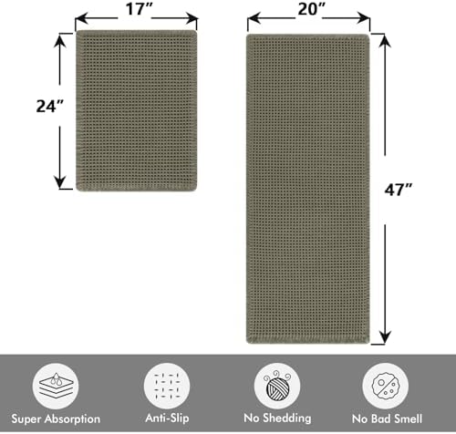 MIULEE Set of 2 Waffle Bathroom Rugs Boho Bath Mat Green 17"x24"+20"x47"