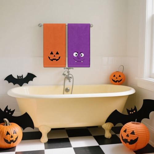 Whaline 4Pcs Halloween Hand Towels Spooky Pumpkin Face Monster Embroidered Cotton Bathroom Towel Absorbent Bath Towel for Hand Drying Cleaning Cooking, 29.5 x 13.7 Inch