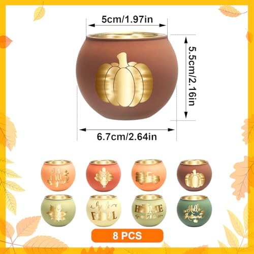 8 Pack Fall Votive Candle Holders, Glass Tealight Holders, 8 Patterns