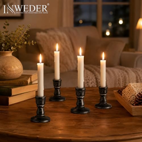 Wooden Taper Candle Holders: Rustic Farmhouse Decor, Set of 4