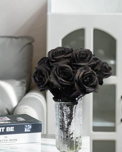 Black Roses Artificial Flowers, 12 Pcs Fake Rose in Bulk, Long Stem Realistic Silk Roses Bouquet for Centerpieces Flower Arrangement, Halloween Home Decor, Gothic Decoration (Black2, 12-PCS)
