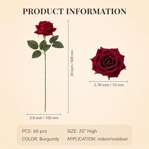 60 Pcs Burgundy Velvet Artificial Roses Flowers Real Looking Silk Faux Roses Bulk Long Stems for Wedding Centerpieces,DIY Floral Arrangements,Home Decor,Anniversary,Valentine's Day