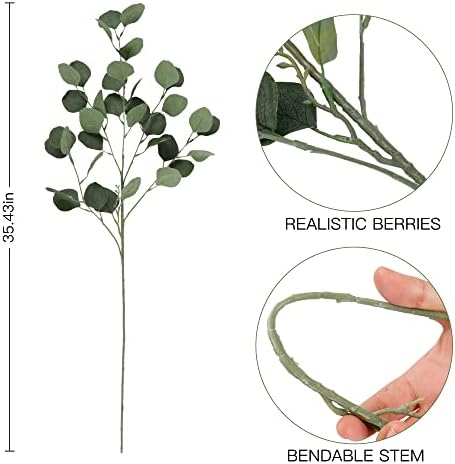 Sggvecsy 6 Pcs Eucalyptus Leaves Artificial Eucalyptus Stems Long Silver Dollar Leaves Faux Leaf Branches Fake Silk Eucalyptus for Spring Summer Home Festival Thanksgiving Christmas Decor (Green)