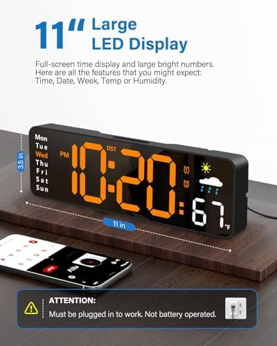 Digital Wall Clock, Digital Clock Large Display with Remote Control, Corded LED Alarm Clocks with Date, Week, Temp