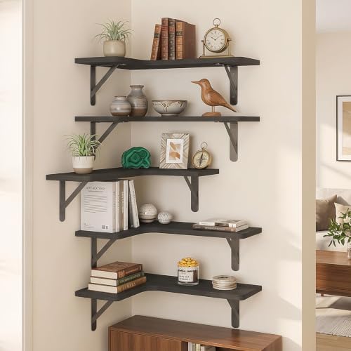 Fixwal Conner Shelves Wall Mounted for Decor, Black Set of 5