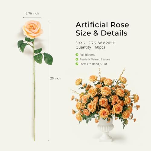Auihiay 60PCS Artificial Roses, Champagne Roses, Velvet Silk Roses