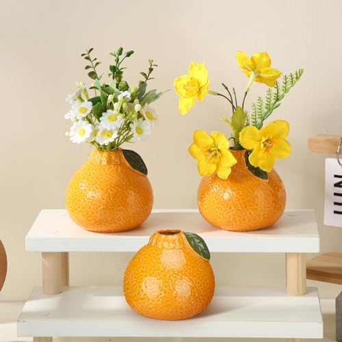 Sieral 3 Pcs 3.7 Inch Ceramic Orange Vase with Green Leaves Cute Tangerine Shape Ceramic Planter Hydroponics Vase Small Orange Flower Pot for Living Room, Bookshelf, Office Home Decor