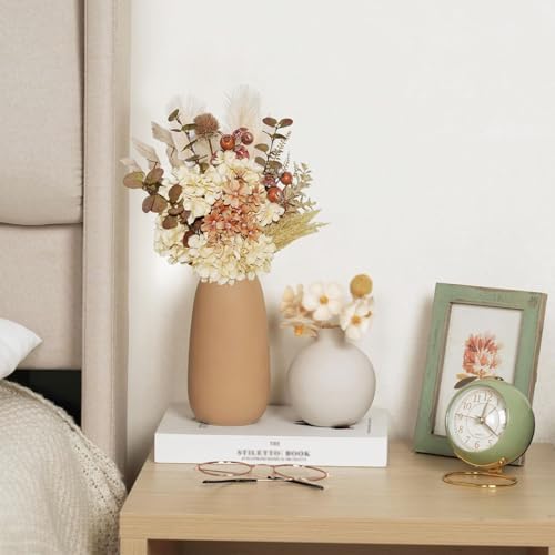 28Pcs Boho Artificial Dried Hydrangea Flower Bouquet with Berries, Burlap Pampas, Burgundy & Green Ombre Leaves, Fake Fall Winter Thanksgiving Harvest Floral Arrangement Vase Centerpieces, 17"