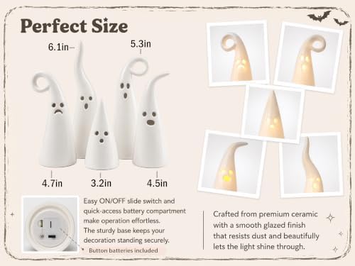 Parsin 5 PCS Ceramic Ghost Light Up Decor, Cute Halloween Decor