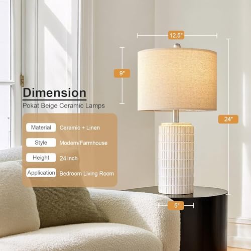 PoKat 24" Modern Ceramic Table Lamps Set of 2 for Bedroom, White Bedside Lamps for Night Stands, Farmhouse Desk Decor